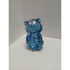 ​Fenton Blue Mini‎ Bear Hand Painted Violets Signed 95th Anniv Glass Vintage